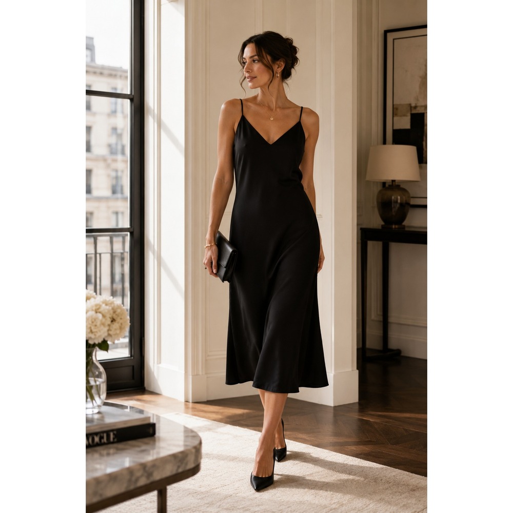 Black Slip Dress Women's 12 Spaghetti Strap Midi Minimalist Little Black Dress